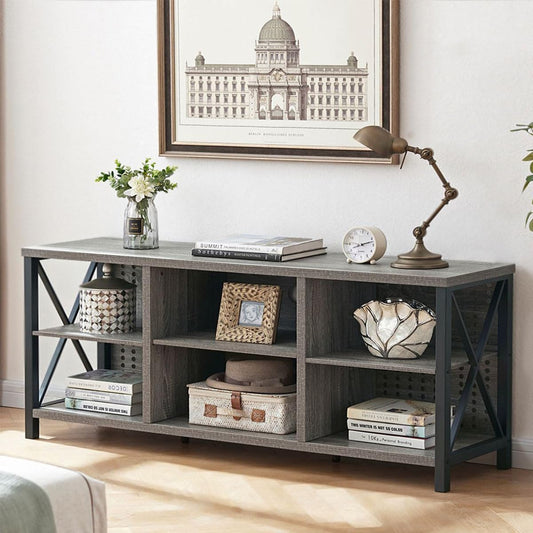 TV Stand for 75 Inch TV, Long Modern Rustic Wood Entertainment Center, Large Industrial Metal Media Television Stands with Console Table Cabinet Storage for Living Bedroom, Light Gray Oak, 63 Inch